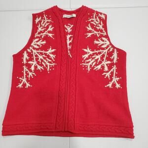 Coldwater Creek Vest Womens Medium Red Wool Zip Front Embroidered Snowflakes